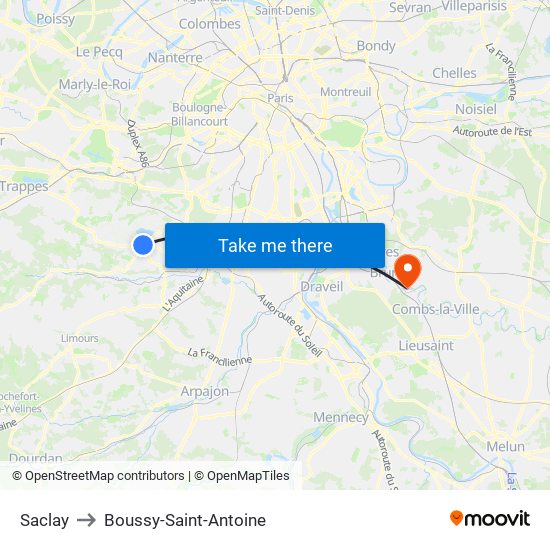 Saclay to Boussy-Saint-Antoine map