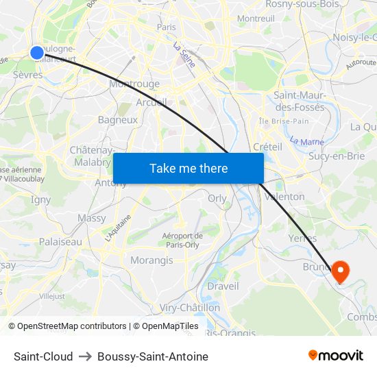 Saint-Cloud to Boussy-Saint-Antoine map
