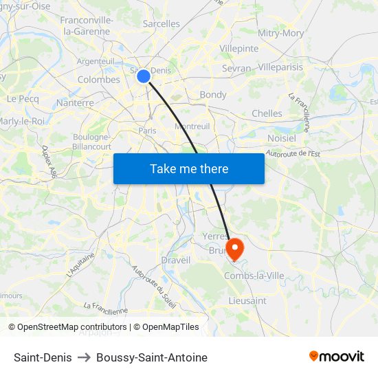 Saint-Denis to Boussy-Saint-Antoine map