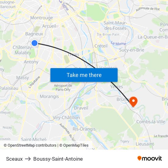 Sceaux to Boussy-Saint-Antoine map