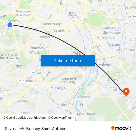 Sevres to Boussy-Saint-Antoine map