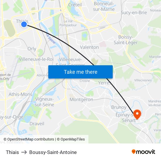 Thiais to Boussy-Saint-Antoine map