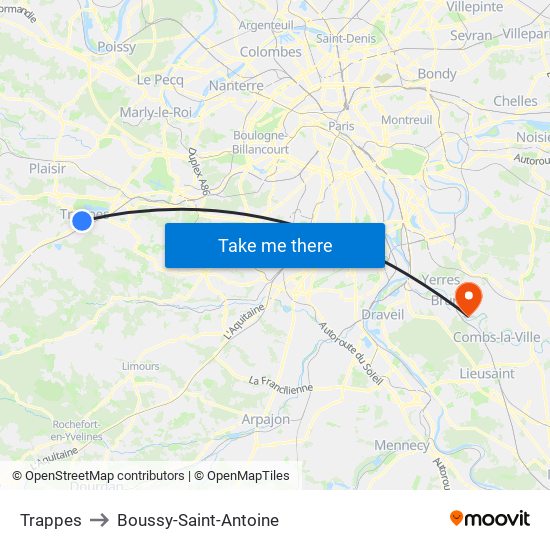 Trappes to Boussy-Saint-Antoine map