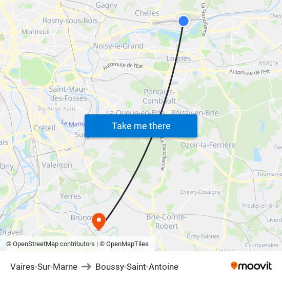 Vaires-Sur-Marne to Boussy-Saint-Antoine map