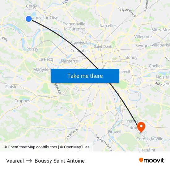 Vaureal to Boussy-Saint-Antoine map