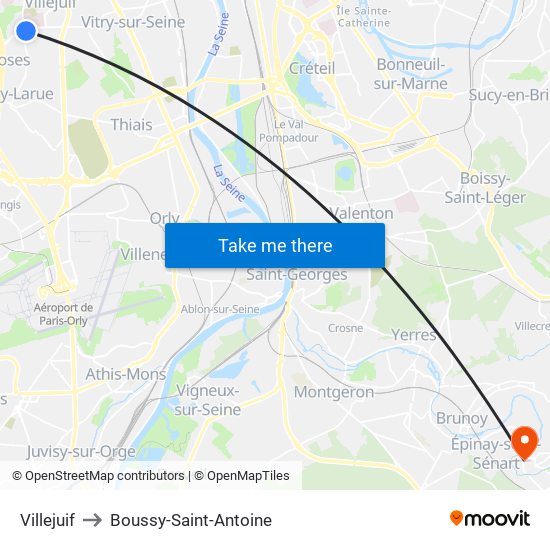 Villejuif to Boussy-Saint-Antoine map