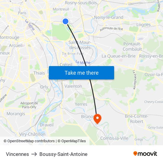 Vincennes to Boussy-Saint-Antoine map