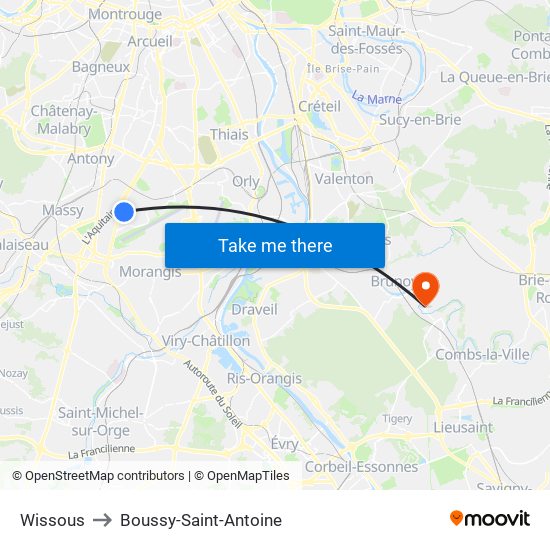 Wissous to Boussy-Saint-Antoine map