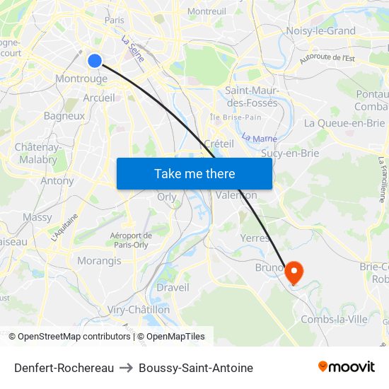 Denfert-Rochereau to Boussy-Saint-Antoine map