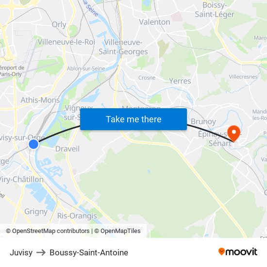Juvisy to Boussy-Saint-Antoine map