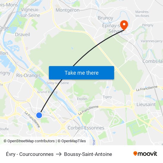 Évry - Courcouronnes to Boussy-Saint-Antoine map