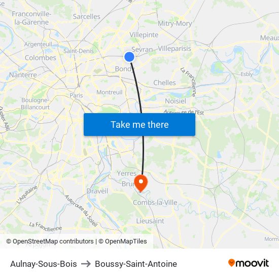 Aulnay-Sous-Bois to Boussy-Saint-Antoine map