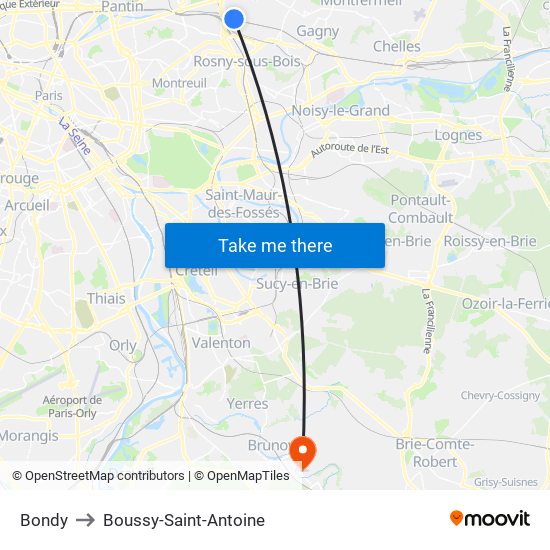 Bondy to Boussy-Saint-Antoine map