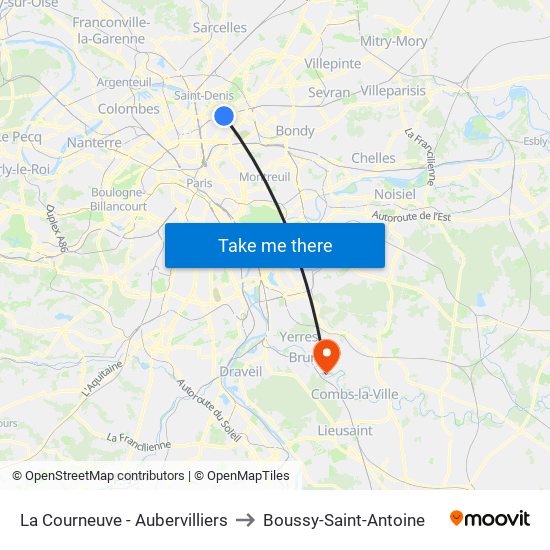 La Courneuve - Aubervilliers to Boussy-Saint-Antoine map