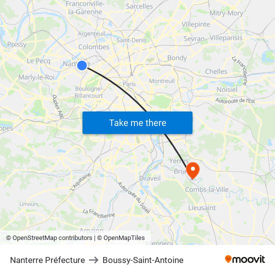 Nanterre Préfecture to Boussy-Saint-Antoine map