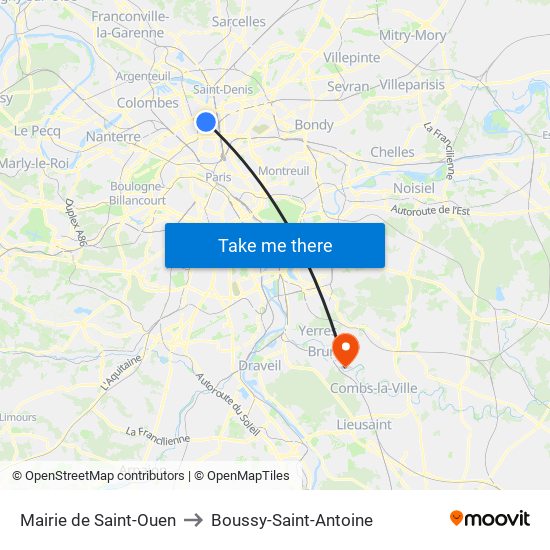 Mairie de Saint-Ouen to Boussy-Saint-Antoine map