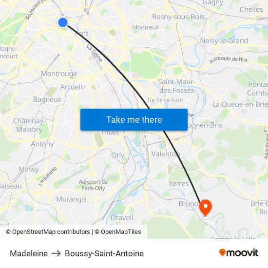 Madeleine to Boussy-Saint-Antoine map