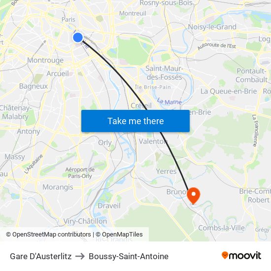 Gare D'Austerlitz to Boussy-Saint-Antoine map