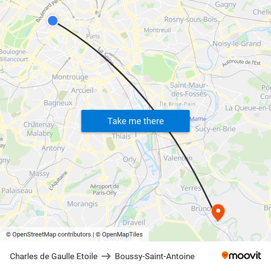 Charles de Gaulle Etoile to Boussy-Saint-Antoine map