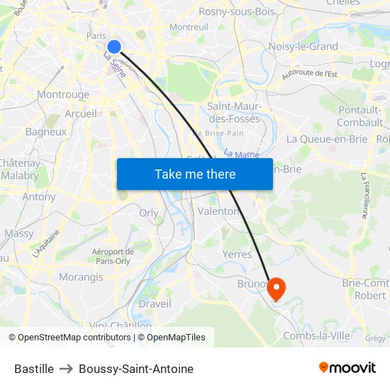 Bastille to Boussy-Saint-Antoine map