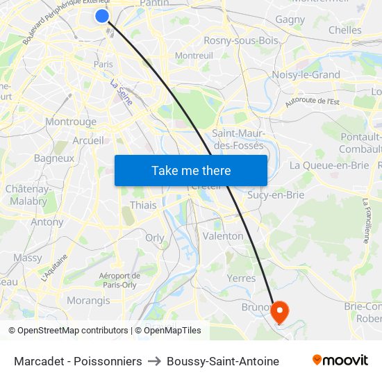 Marcadet - Poissonniers to Boussy-Saint-Antoine map