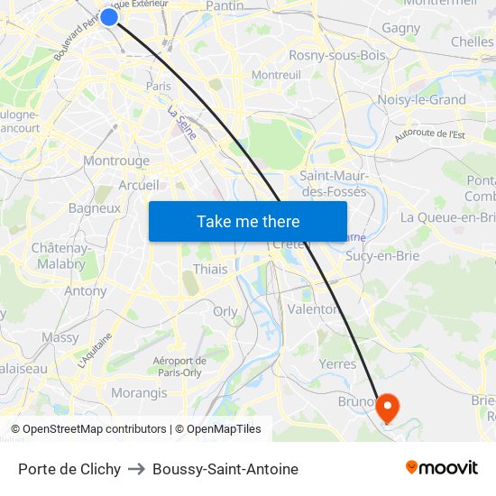 Porte de Clichy to Boussy-Saint-Antoine map