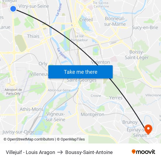 Villejuif - Louis Aragon to Boussy-Saint-Antoine map