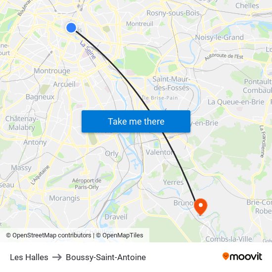 Les Halles to Boussy-Saint-Antoine map