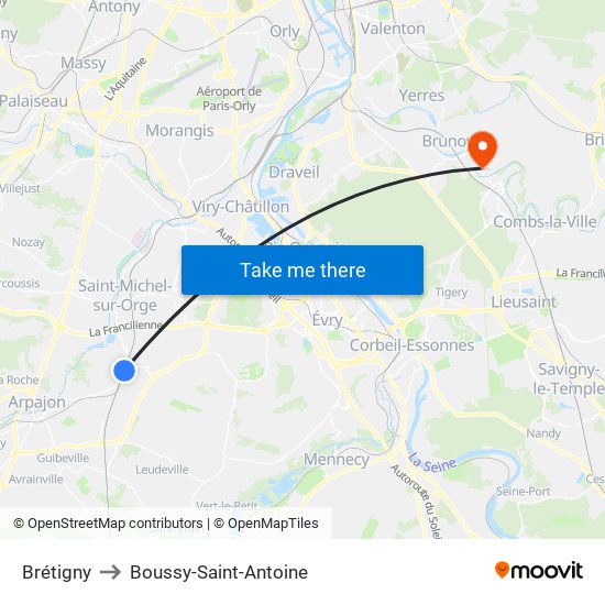 Brétigny to Boussy-Saint-Antoine map