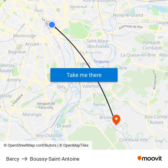 Bercy to Boussy-Saint-Antoine map