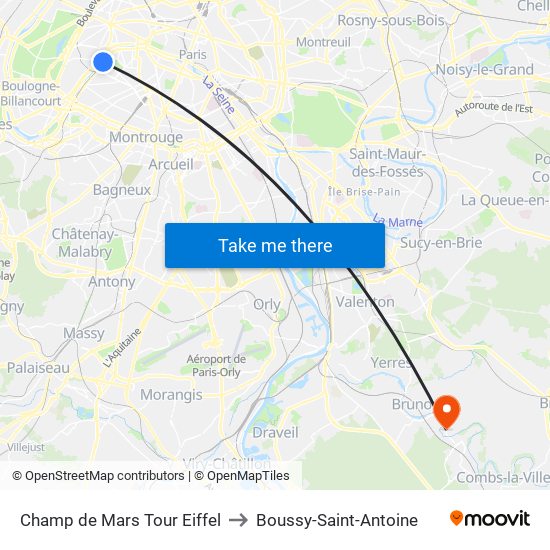 Champ de Mars Tour Eiffel to Boussy-Saint-Antoine map