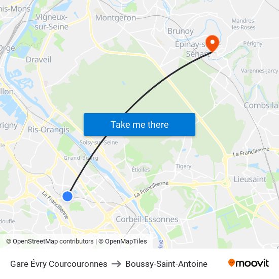 Gare Évry Courcouronnes to Boussy-Saint-Antoine map