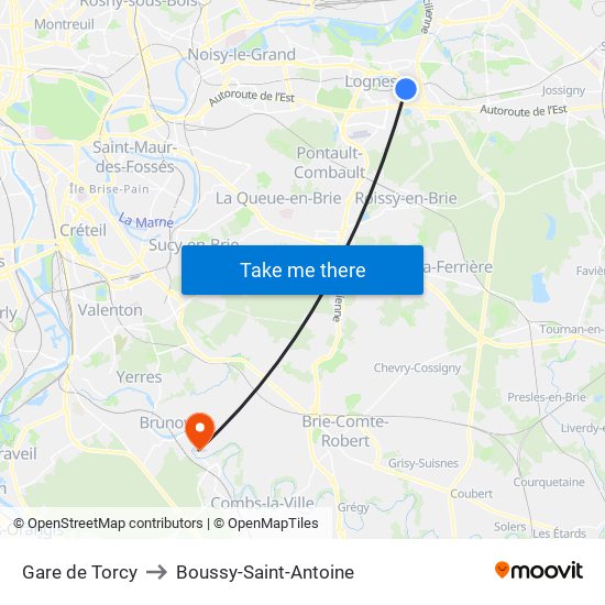 Gare de Torcy to Boussy-Saint-Antoine map