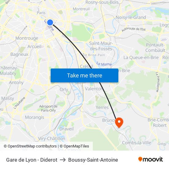 Gare de Lyon - Diderot to Boussy-Saint-Antoine map