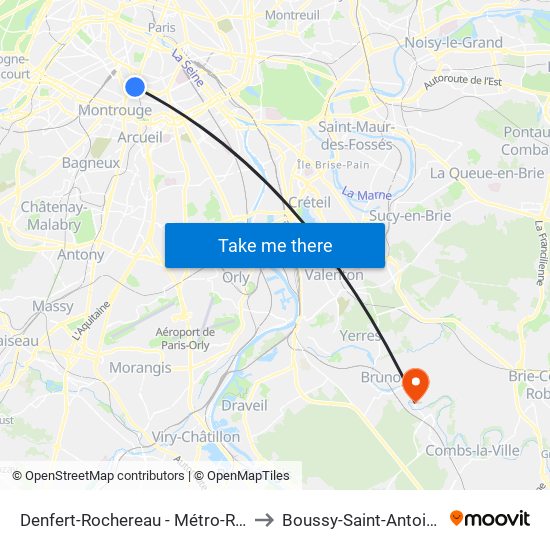 Denfert-Rochereau - Métro-Rer to Boussy-Saint-Antoine map