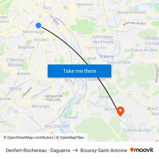 Denfert-Rochereau - Daguerre to Boussy-Saint-Antoine map
