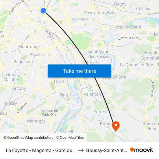 La Fayette - Magenta - Gare du Nord to Boussy-Saint-Antoine map