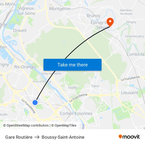 Gare Routière to Boussy-Saint-Antoine map