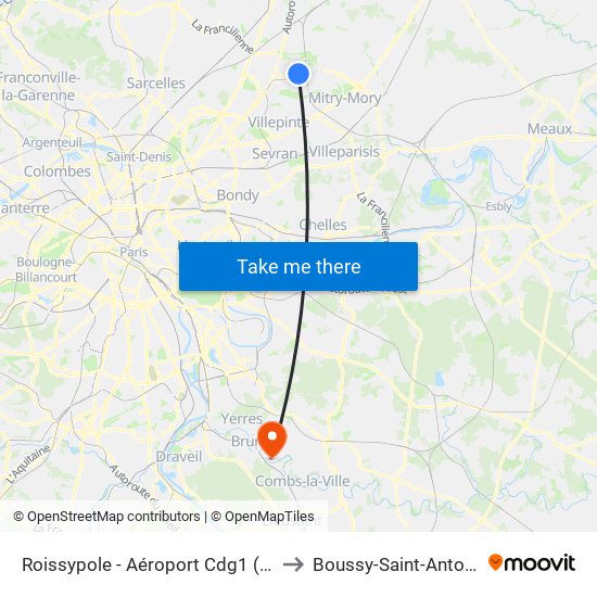 Roissypole - Aéroport Cdg1 (E2) to Boussy-Saint-Antoine map