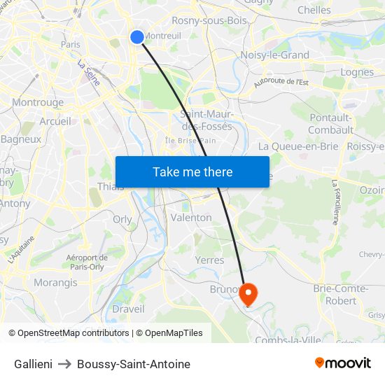 Gallieni to Boussy-Saint-Antoine map