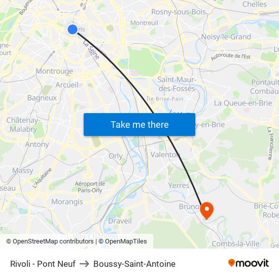 Rivoli - Pont Neuf to Boussy-Saint-Antoine map