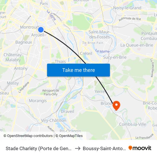 Stade Charléty (Porte de Gentilly) to Boussy-Saint-Antoine map