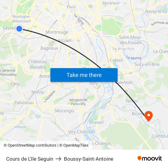 Cours de L'Ile Seguin to Boussy-Saint-Antoine map