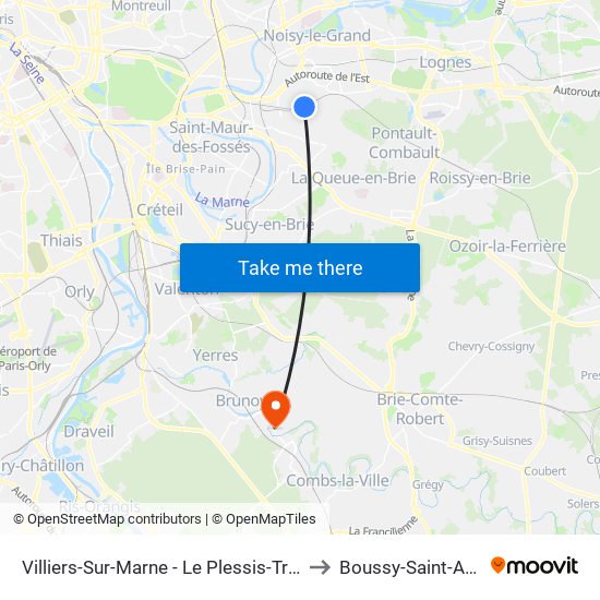Villiers-Sur-Marne - Le Plessis-Trévise RER to Boussy-Saint-Antoine map