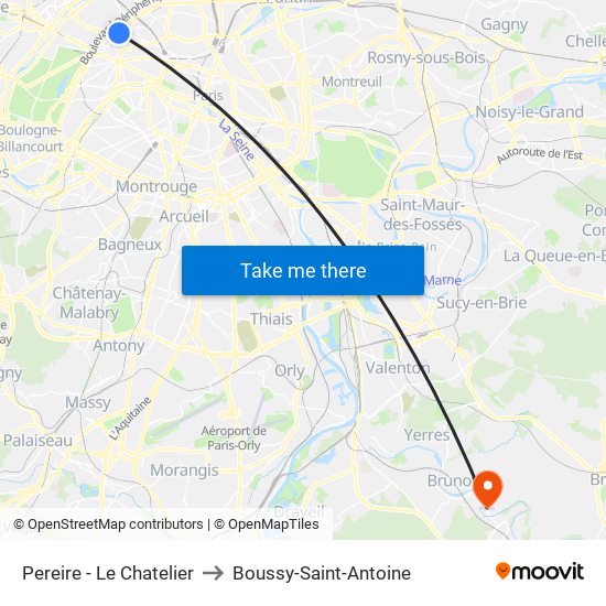 Pereire - Le Chatelier to Boussy-Saint-Antoine map