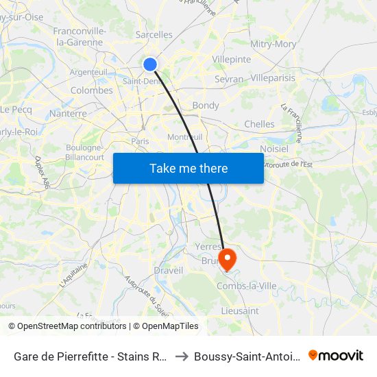 Gare de Pierrefitte - Stains RER to Boussy-Saint-Antoine map