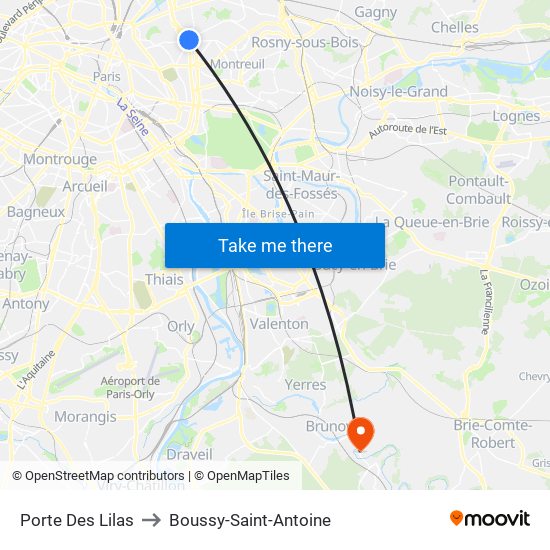 Porte Des Lilas to Boussy-Saint-Antoine map