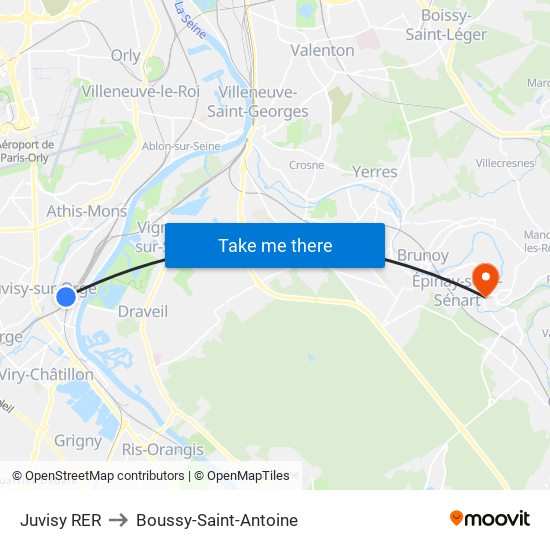 Juvisy RER to Boussy-Saint-Antoine map