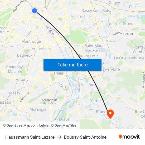 Haussmann Saint-Lazare to Boussy-Saint-Antoine map