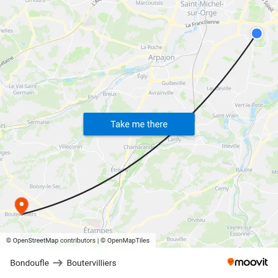 Bondoufle to Boutervilliers map